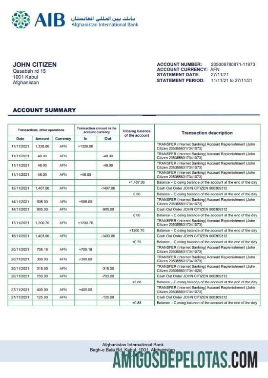 Exemplo de extrato bancário AIB do Afeganistão