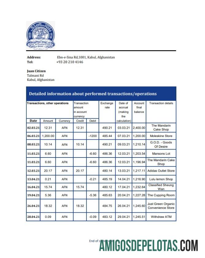 Modelo de extrato bancário para impressão do Afeganistão Da Afeganistão em formato Excel e PDF