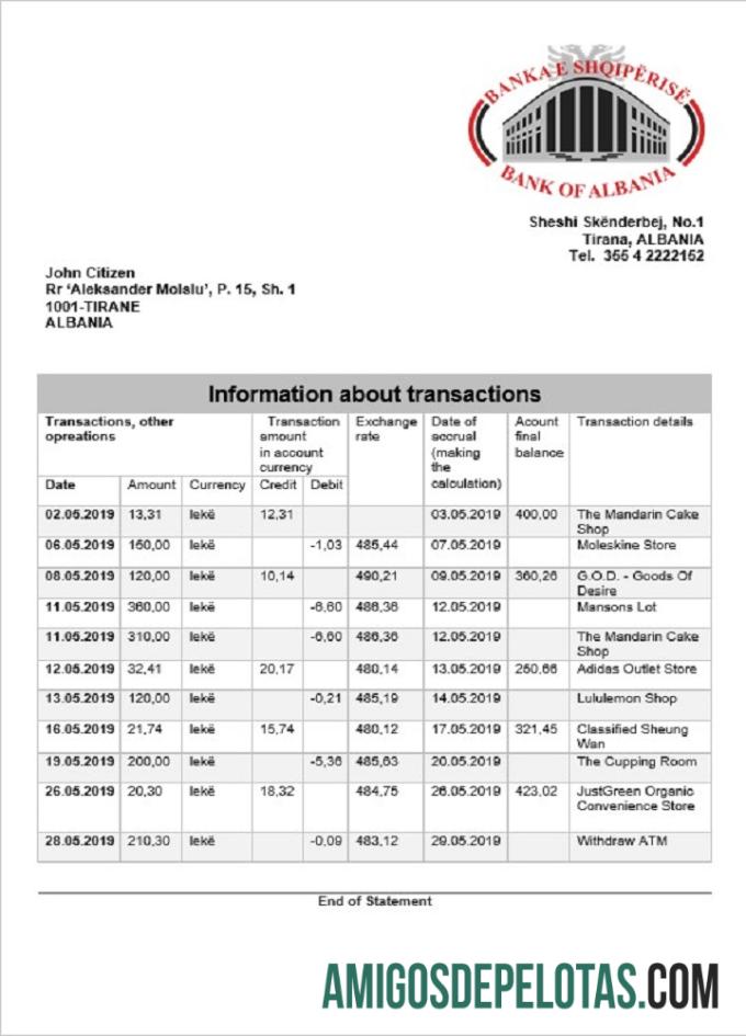 Modelo de extrato bancário do Banco da Albânia da Albânia