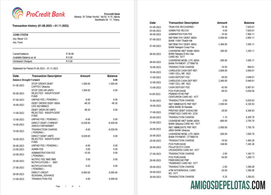 Albânia ProCreditBank Extrato bancário modelo Word e PDF para download, 3 páginas