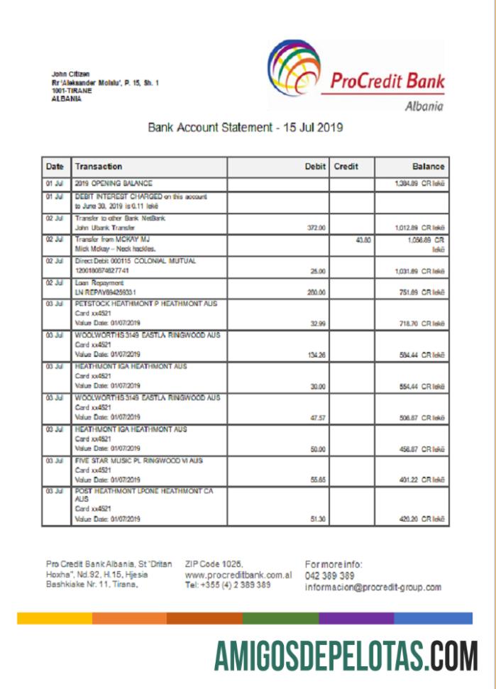Exemplo de extrato bancário Procredit da Albânia
