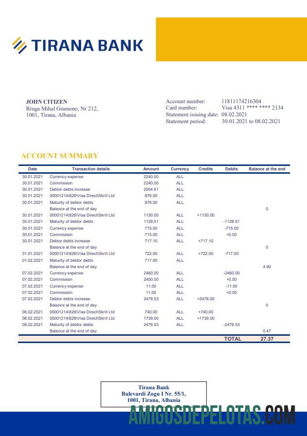 Albania Tirana modelo de extrato bancário