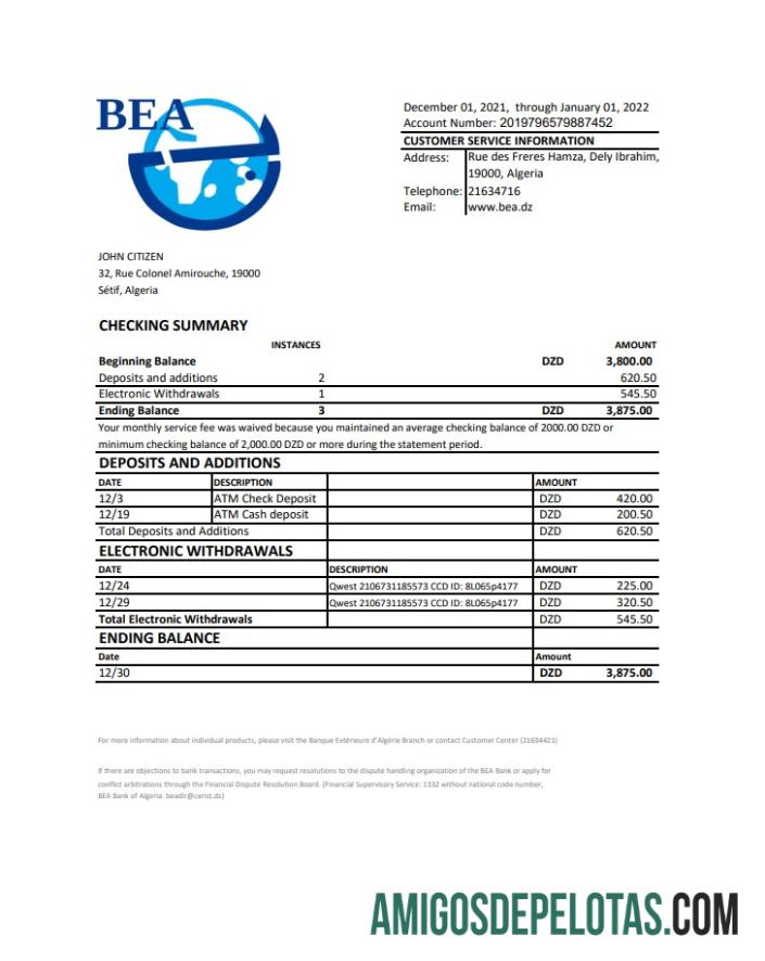 blank Argélia Banque Extérieure D’Algérie Modelo de extrato bancário em formato Excel e PDF