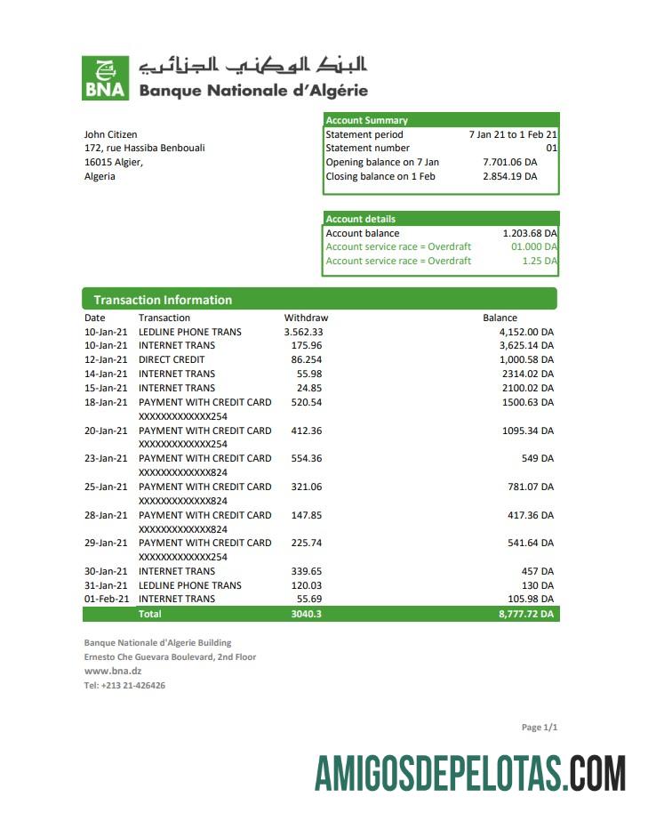 Modelo Excel do Banco Nacional da Argélia (BNA) da Argélia