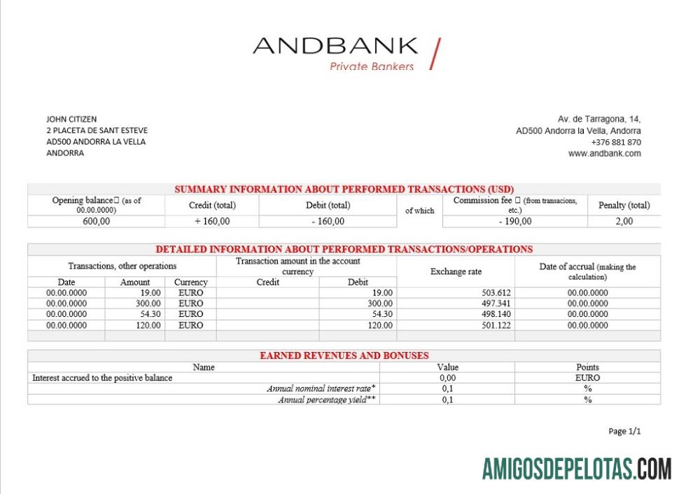Modelo de extrato bancário de Andorra Andbank