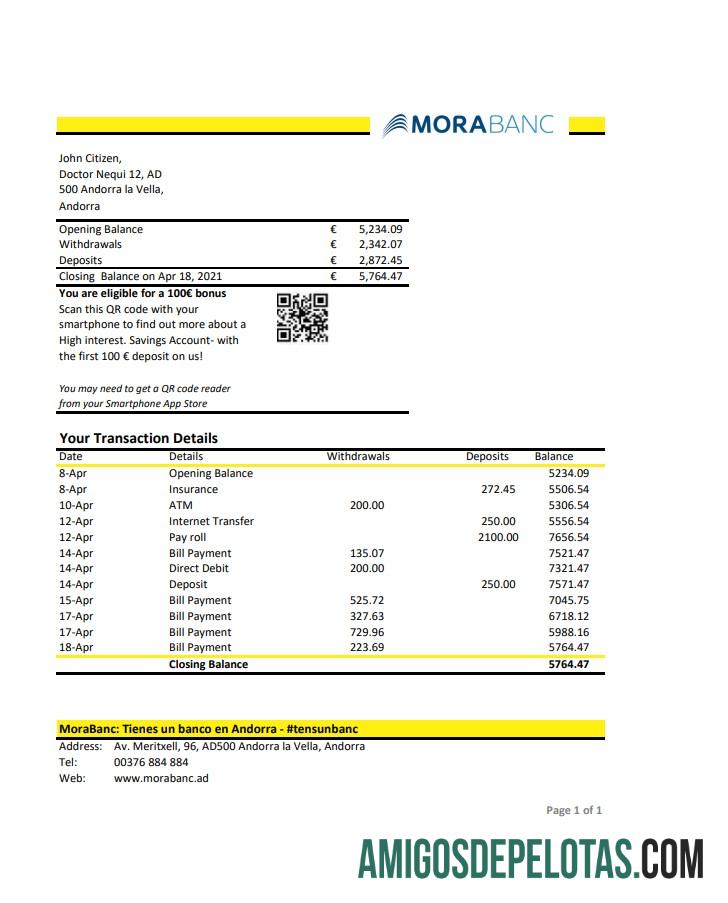 Modelo realista de extrato bancário Andorra MoraBank em formato Excel e PDF