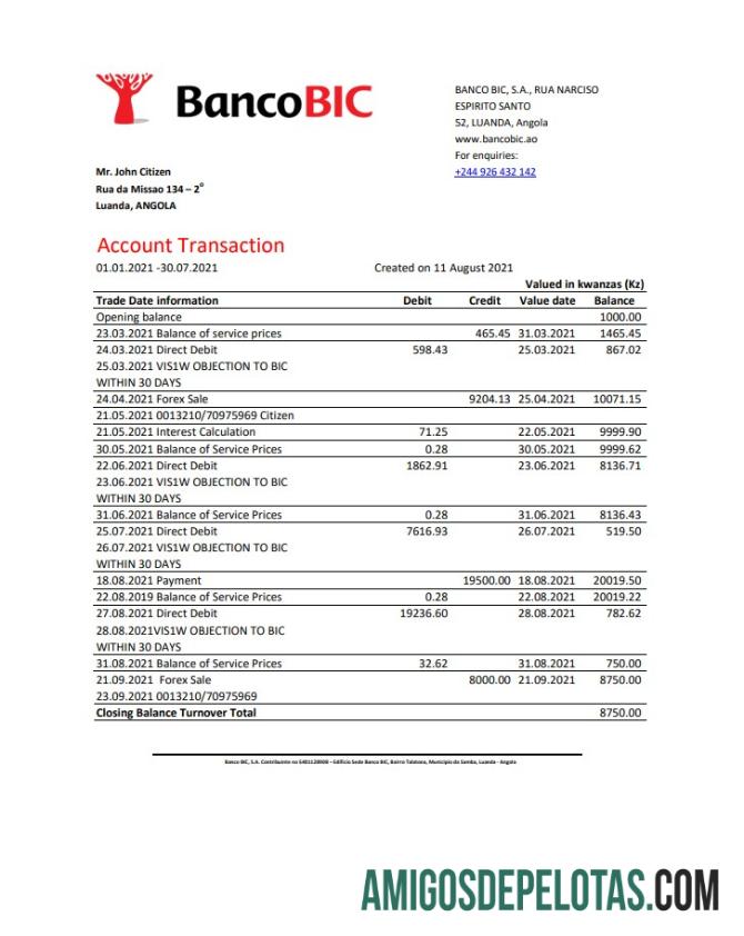 Modelo de extrato bancário Angola Banco BIC para download em formato Excel e PDF