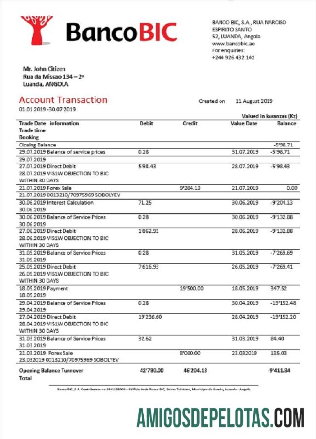 Angola Banco BIC modelo de extrato bancário