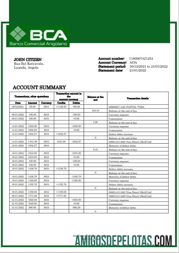Angola Banco Comercial Angolano extrato bancário amostra
