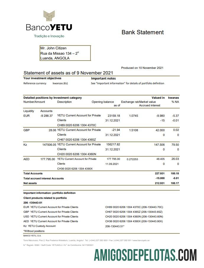 em branco Modelo de extrato bancário Angola Banco Yetu em formato Excel e PDF