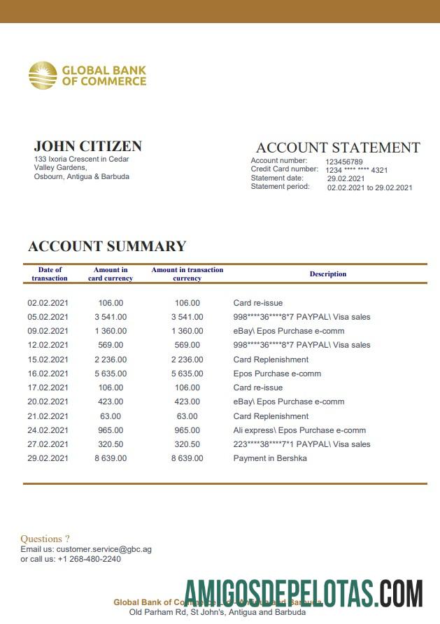 Extrato bancário do Banco Global de Comércio de Antígua e Barbuda modelo Xls