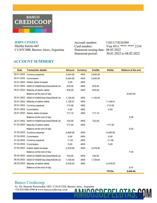 Argentina Banco Credicoop Bank Statement Xls examplo