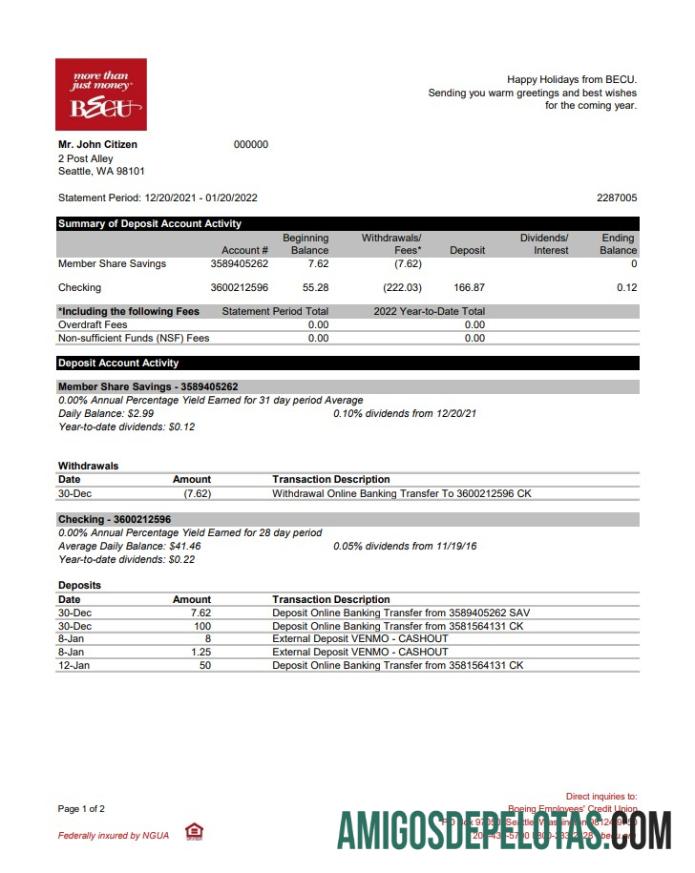 Exemplo de extrato bancário BECU da Austrália