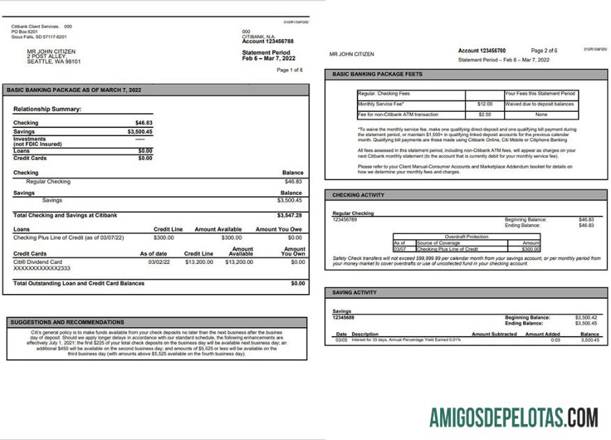 Exemplo de extrato bancário do Citibank da Austrália