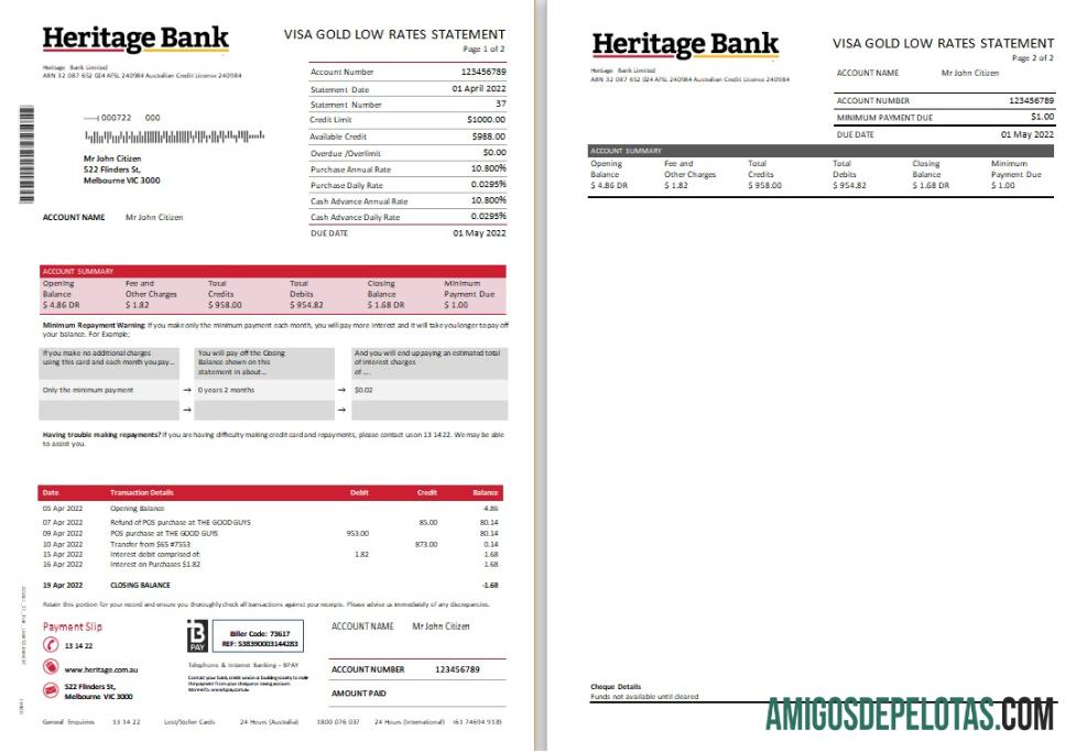 Australia Heritage Bank Statement Scr amostra