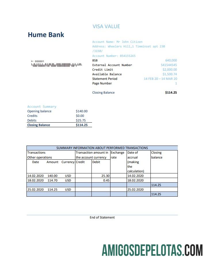 Extrato bancário do Austrália Humebank para impressão, modelo fácil de preencher em formato Excel e PDF