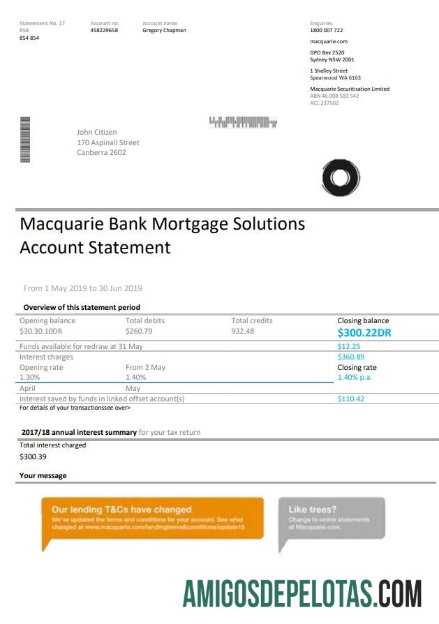 modelo realista de extrato bancário de prova de endereço Macquaire da Austrália em formato Word e PDF (.doc e .pdf)