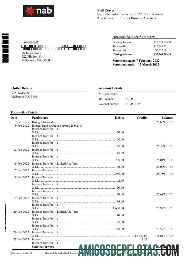 Exemplo de extrato bancário NAB da Austrália