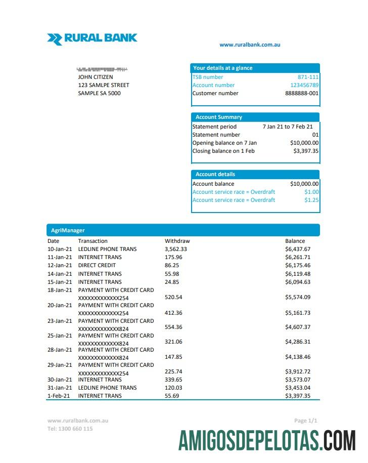 Extrato bancário rural da Austrália para download, modelo fácil de preencher em formato Excel e PDF