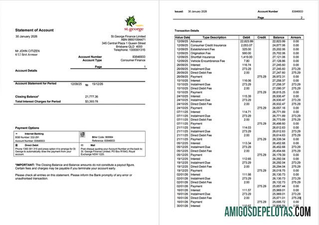 em branco Austrália St.George Bank Extrato de conta modelo Word e PDF, 2 páginas