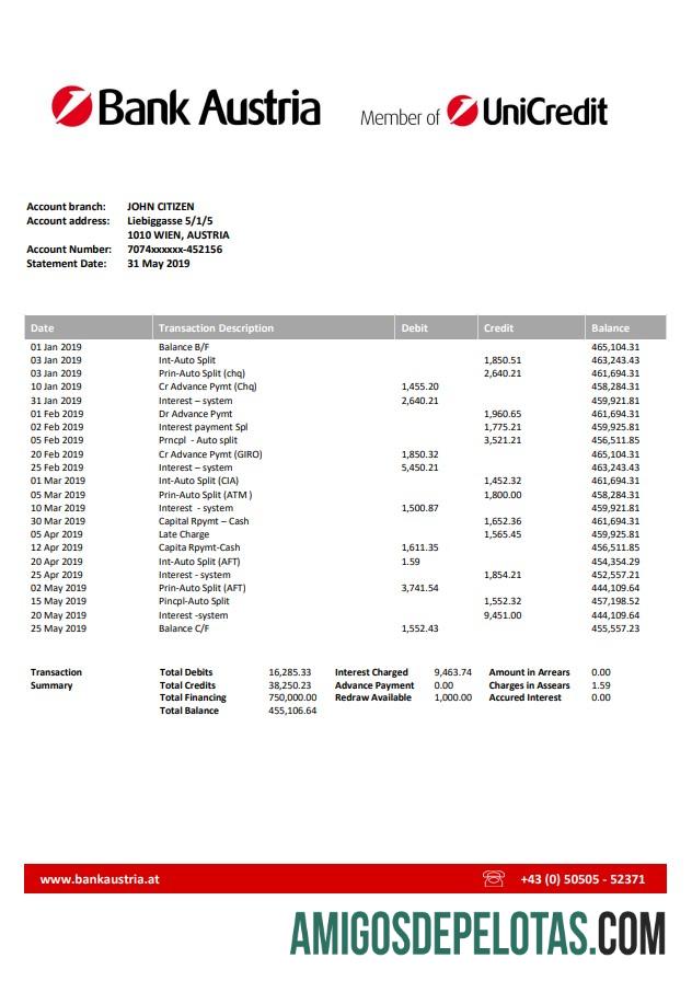 Austria extrato bancário amostra