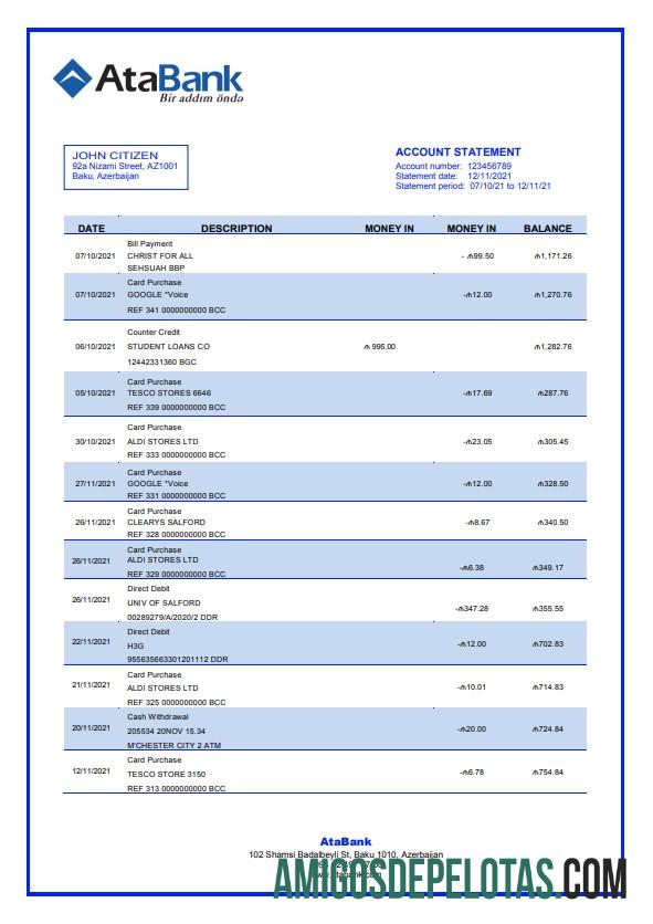 Modelo de extrato bancário do Azerbaijão Atabank para download em formato Word e PDF