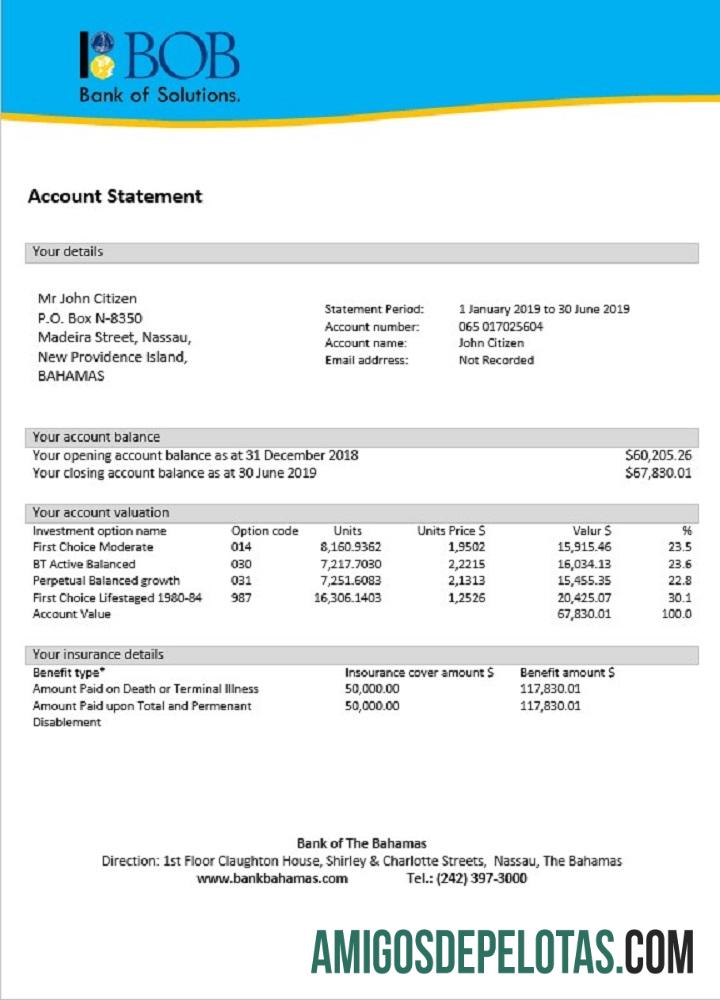 Bahamas Bank Of The Bahamas extrato bancário amostra