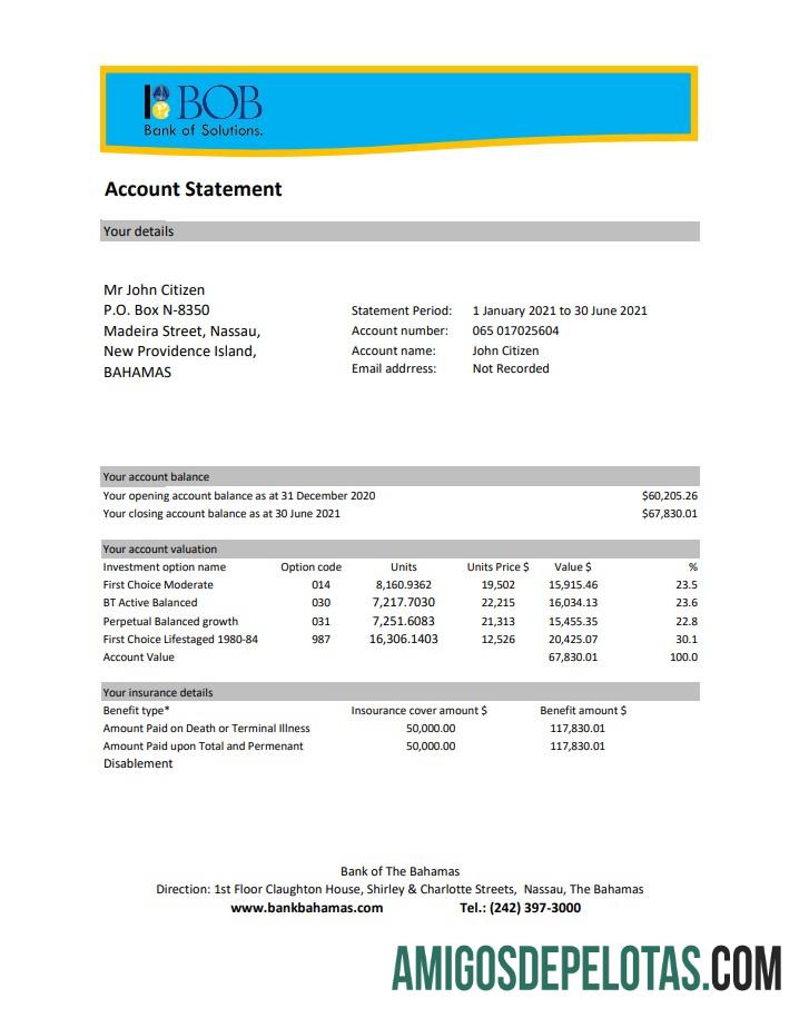 Extrato bancário do Bahamas Bank Of The Bahamas para impressão, modelo fácil de preencher em formato de arquivo .xls e .pdf