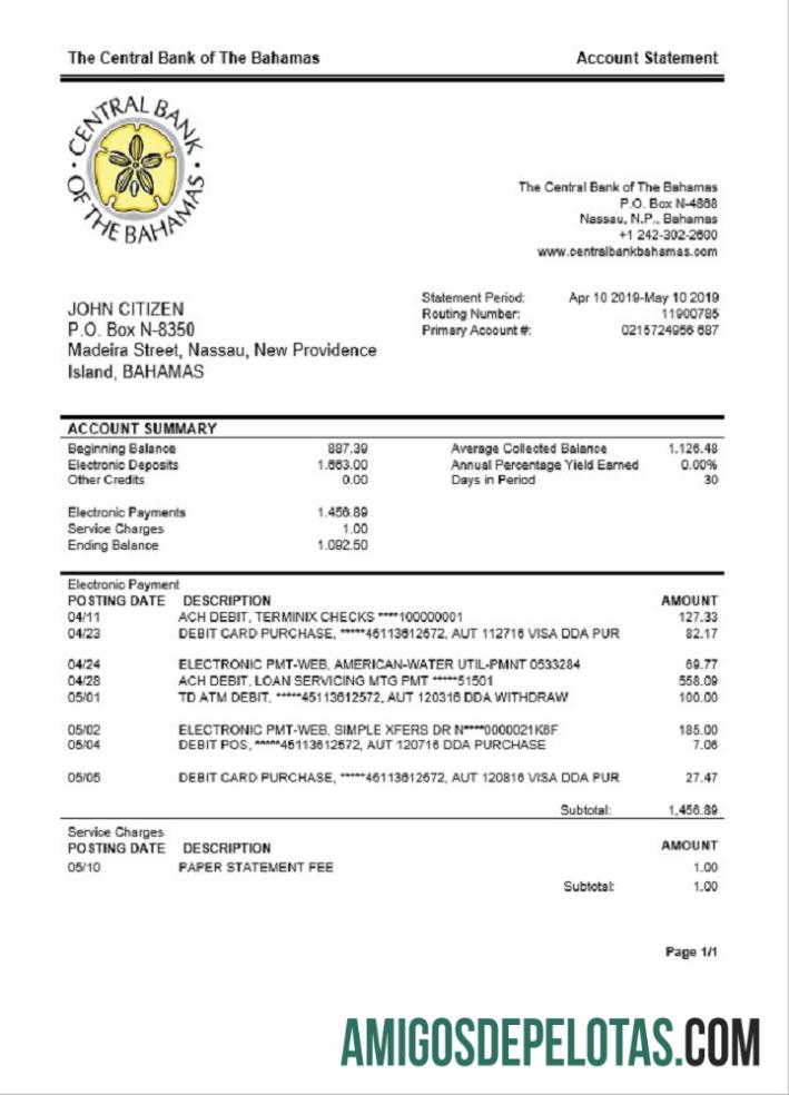 Exemplo de extrato bancário do Banco Central das Bahamas