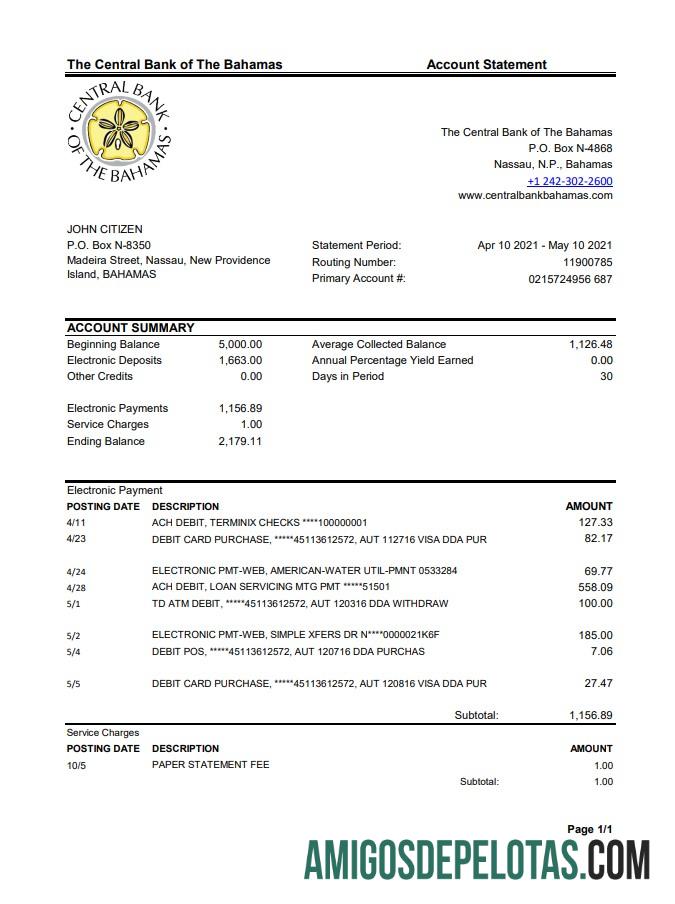 Bahamas realistas Extrato bancário do Banco Central das Bahamas modelo fácil de preencher em formato de arquivo .xls e .pdf