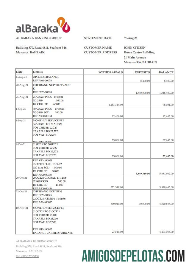 Extrato bancário do Bahrain Al Baraka para impressão, modelo fácil de preencher em formato de arquivo .xls e .pdf