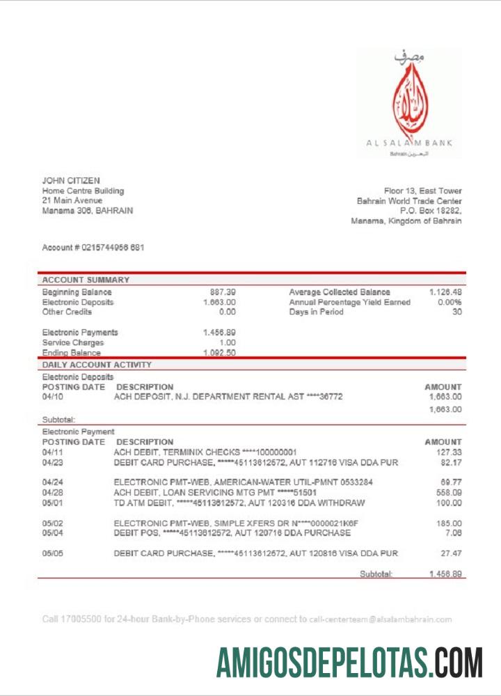 Bahrain Al Salam extrato bancário amostra