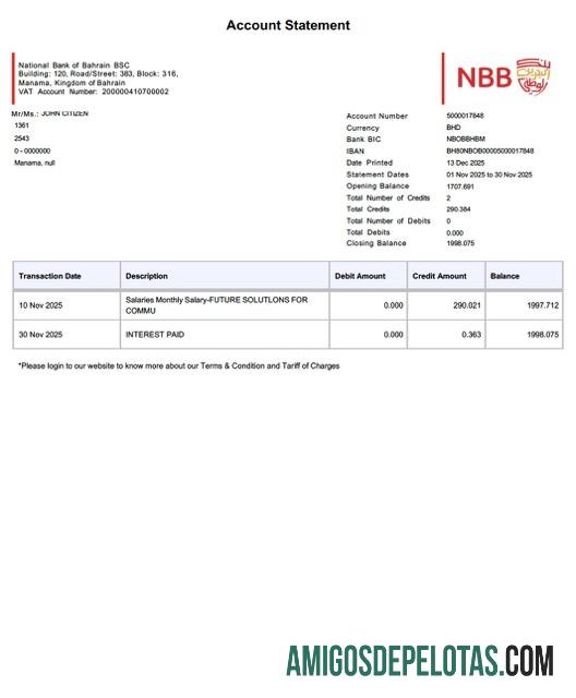 Extrato de conta do Banco Nacional do Bahrein para impressão, modelo Word e PDF