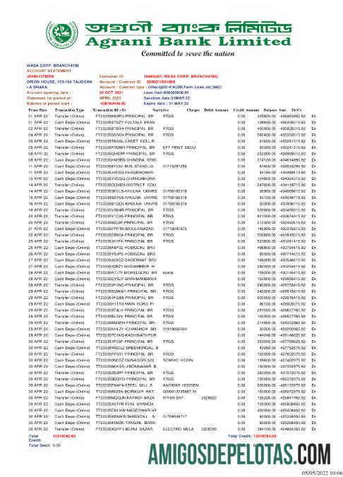 Modelo de extrato bancário Agrani de Bangladesh