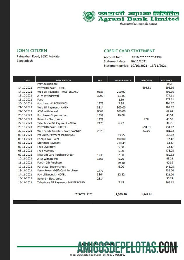 Modelo de extrato bancário Agrani de Bangladesh