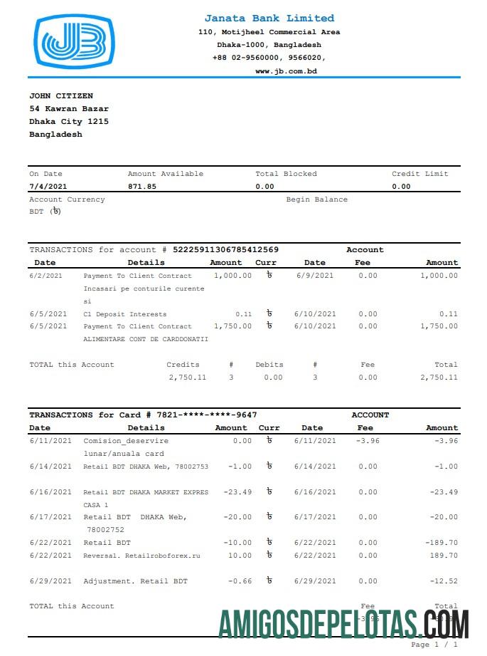 Extrato bancário de Bangladesh Janata em branco modelo fácil de preencher em formato de arquivo .xls e .pdf