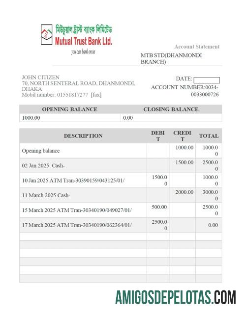 Extrato de conta bancária de confiança mútua de Bangladesh para impressão, modelo Word e PDF