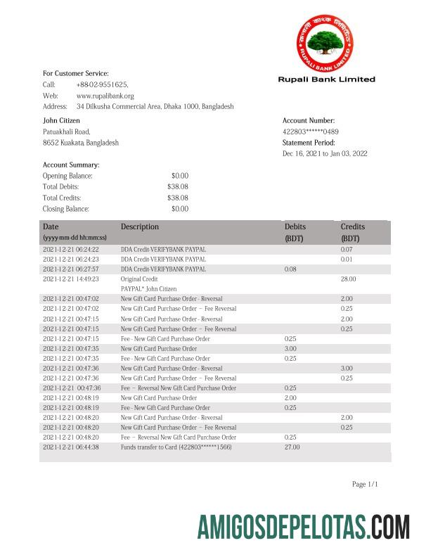 Modelo de extrato bancário de Bangladesh Rupali para download em formato Word e PDF