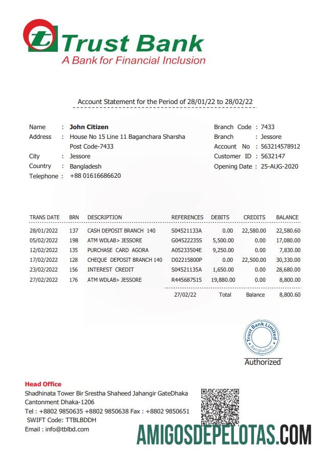 Bangladesh Trust extrato bancário amostra