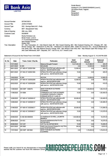 Extrato de conta do Bangladesh Bank Asia para download, modelo Word e PDF