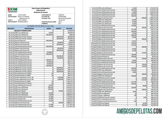 Extrato bancário realista de Bangladesh Exim, modelo Word e PDF, 2 páginas