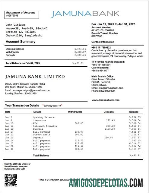 Modelo realista de extrato de conta do Bangladesh Jamuna Bank Word e PDF