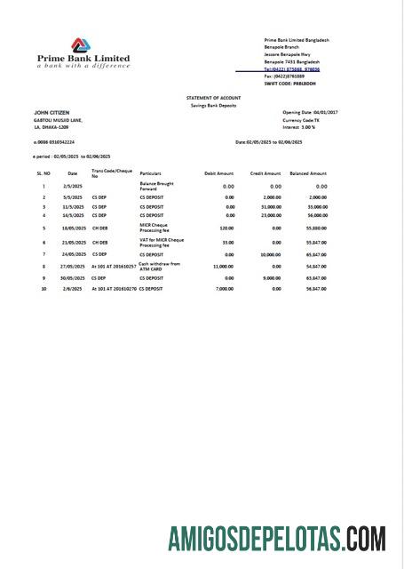 Extrato de conta limitado do Bangladesh Prime Bank Limited, modelo Word e PDF para download, versão 2