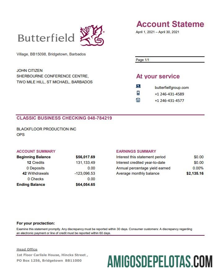 Extrato bancário de Barbados Butterfield em branco Modelo fácil de preencher em formato de arquivo .xls e .pdf