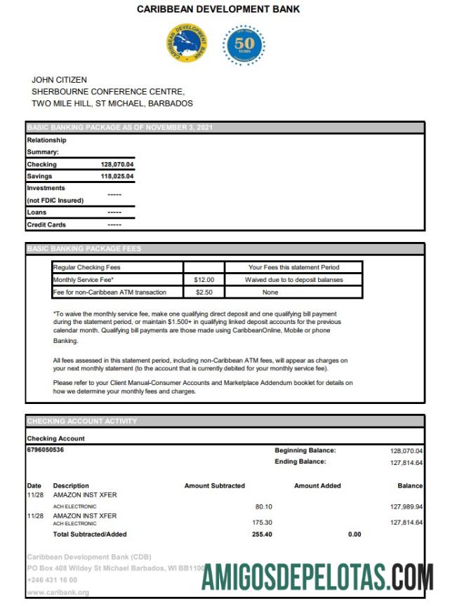 Extrato do Banco de Desenvolvimento do Caribe de Barbados para download, modelo fácil de preencher em formato de arquivo .xls e .pdf
