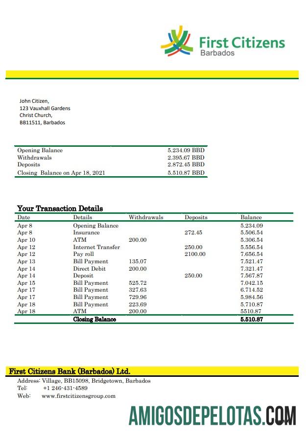Barbados First Citizens modelo de extrato bancário
