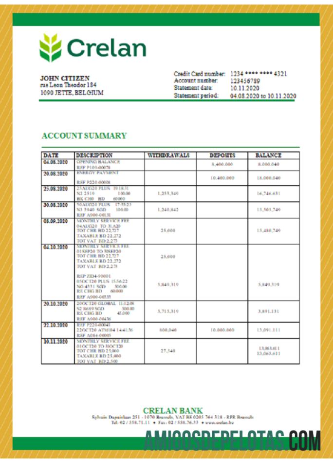 Modelo de extrato bancário Bélgica Crelan em branco em formato Word e PDF