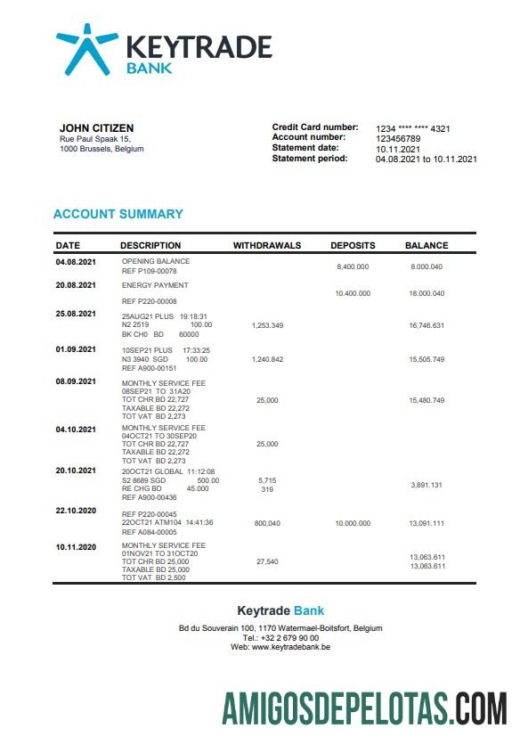 Modelo de extrato bancário Keytrade da Bélgica para download em formato Word e PDF