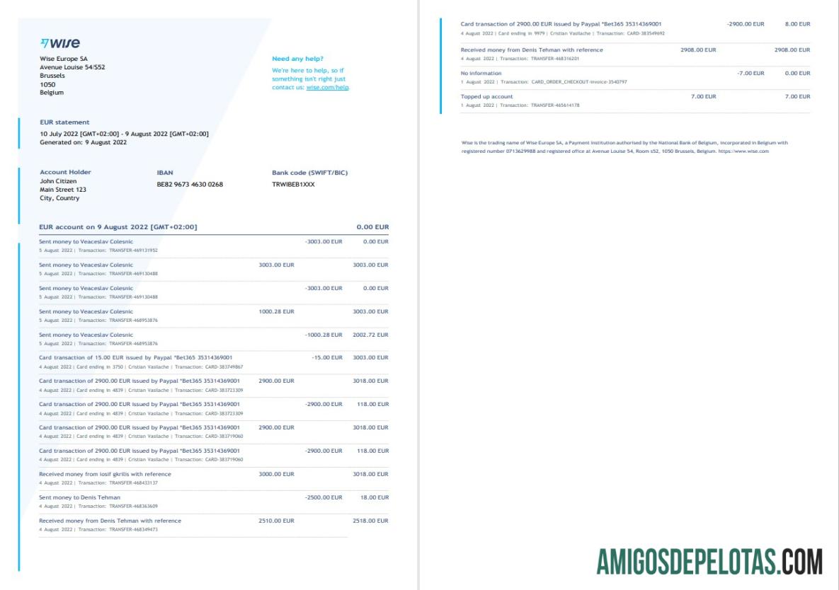 Modelo de extrato bancário do Bélgica Wise