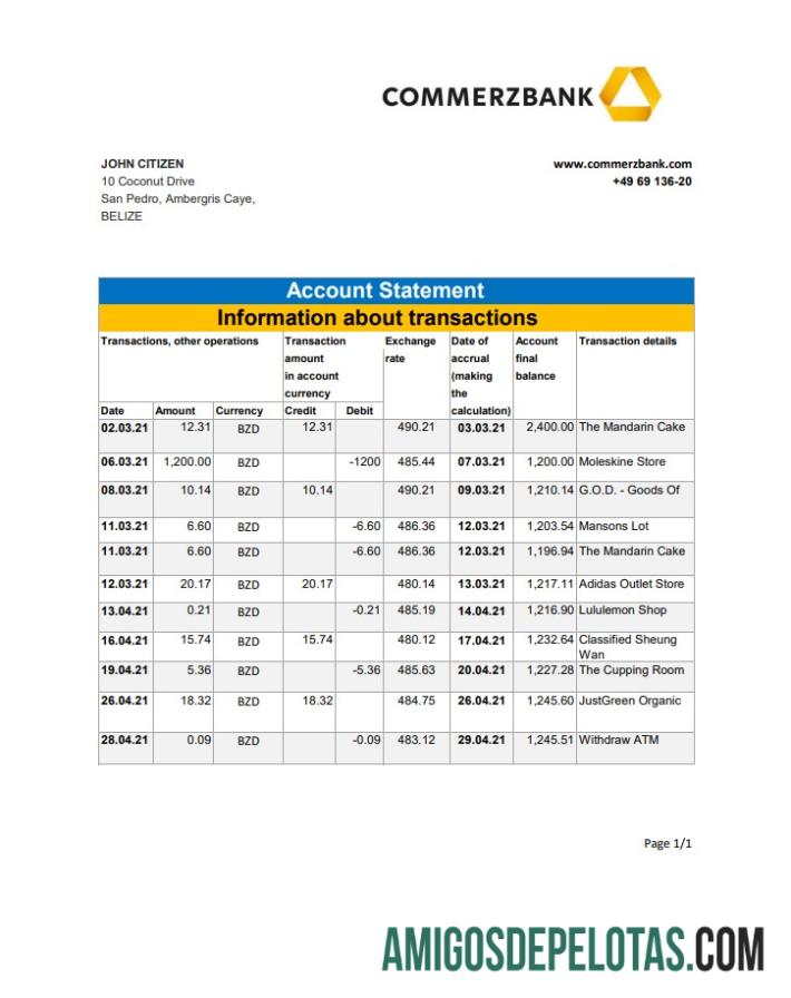 Extrato bancário do Belize Commerzbank em branco modelo fácil de preencher em formato Excel e PDF